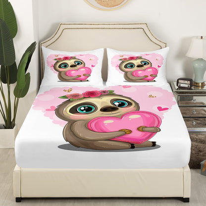 Kids Cute Sloth Fitted Sheet Cartoon Sloth Printed Bedding Set for Boys Girls Children Flowers Pink Heart Bed Sheet Set Lovely 3D Animal Theme Bed Cover Room Decor Twin Size 2Pcs