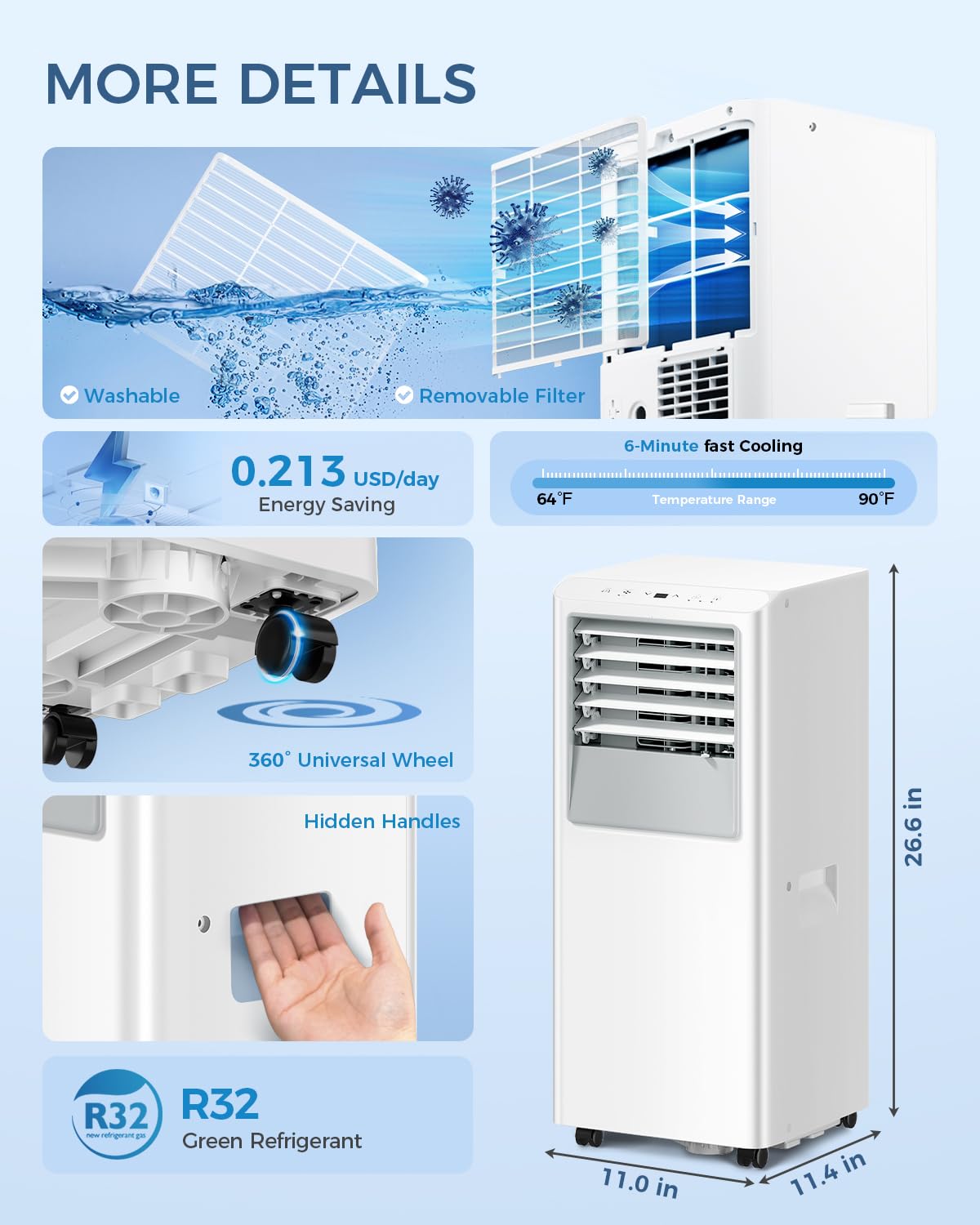 Energlow 8000 BTU Portable Air Conditioner, 5-in-1 Cools 350 Sq.Ft, Quiet AC Unit with Fan & Dehumidifier, LED Display, Remote, 24H Timer, Window Kit, for Bedroom/Office/Dorms/Apartment