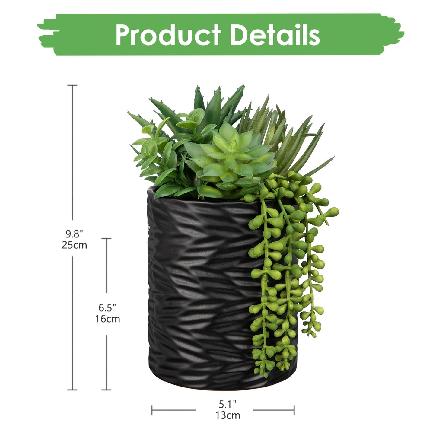 Hollyone Artificial Succulents in Pots Faux Succulents Plants Fake Succulent Arrangement Potted Plants with Black Ceramic Vase for Office Desk Bathroom Shelf Living Room Indoor Home Decor Large