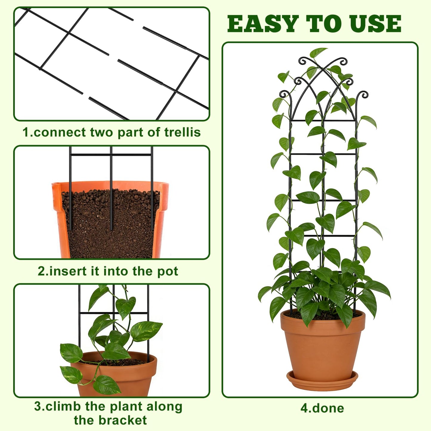 33.8in Tall Trellis for Climbing Plants Indoor & Outdoor, 4 Pack Metal Trellis for Potted Houseplant, Sturdy Support for Ivy, Pothos, Monstera, Hoya and Flower Vines, Black