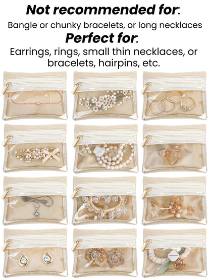 Hacaroa Travel Jewelry Case with 12 Velvet Pouches, Jewelry Storage Organizer Box PU Leather, Clear Window Small Bags Wedding Gifts for Earrings, Necklaces, Bracelets, Rings, Women, Girls, Cream White