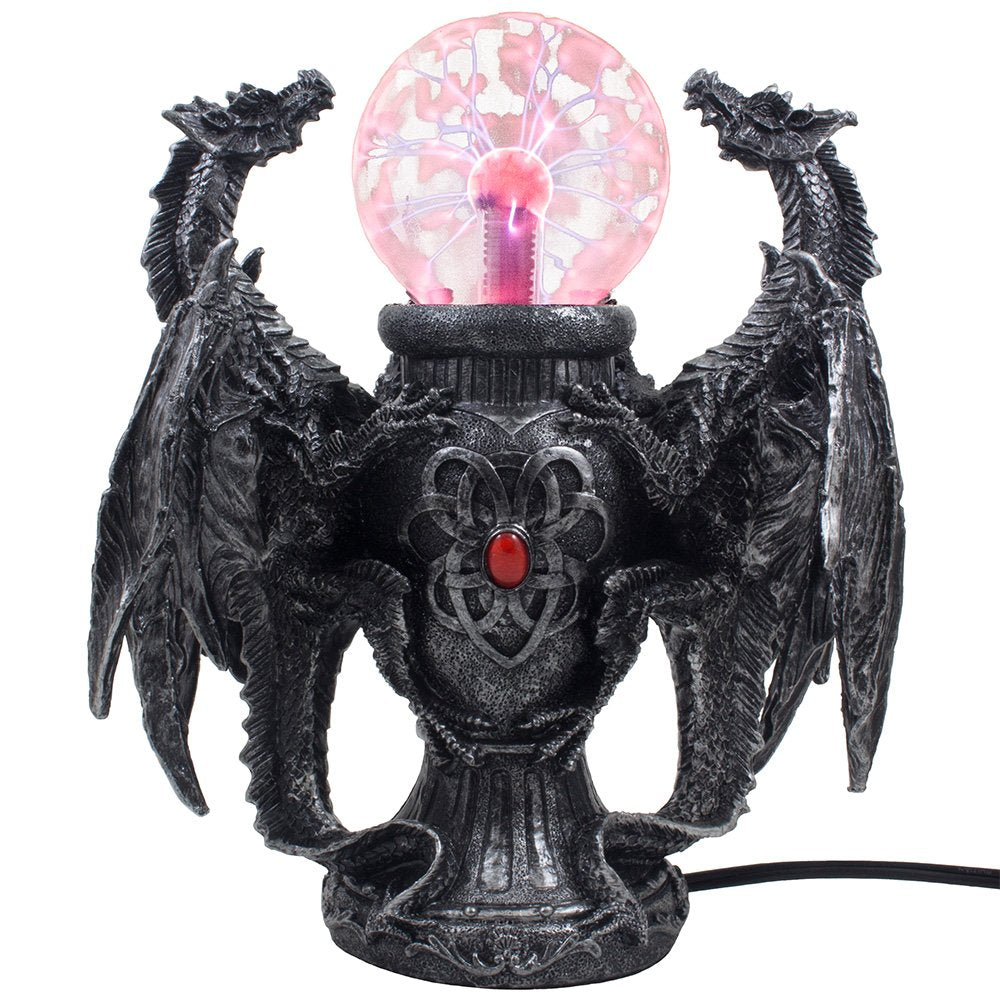 Mythical Guardian Dragon Duo Watching Crystal Ball Table Lamp and Metallic Look Vase Statue for Medieval Home Decor Globe Lights As Enchanting Renaissance Gifts