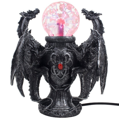 Mythical Guardian Dragon Duo Watching Crystal Ball Table Lamp and Metallic Look Vase Statue for Medieval Home Decor Globe Lights As Enchanting Renaissance Gifts