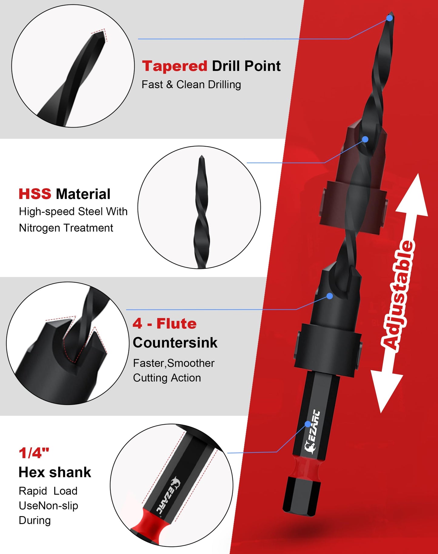 EZARC Countersink Drill Bit Set, 24 PCS Tapered Drill Bits Counter Sink Drill Bit with 6PCS Wooden Sticks 1/4" Hex Shank Quick Change for Woodworking with Storage Box