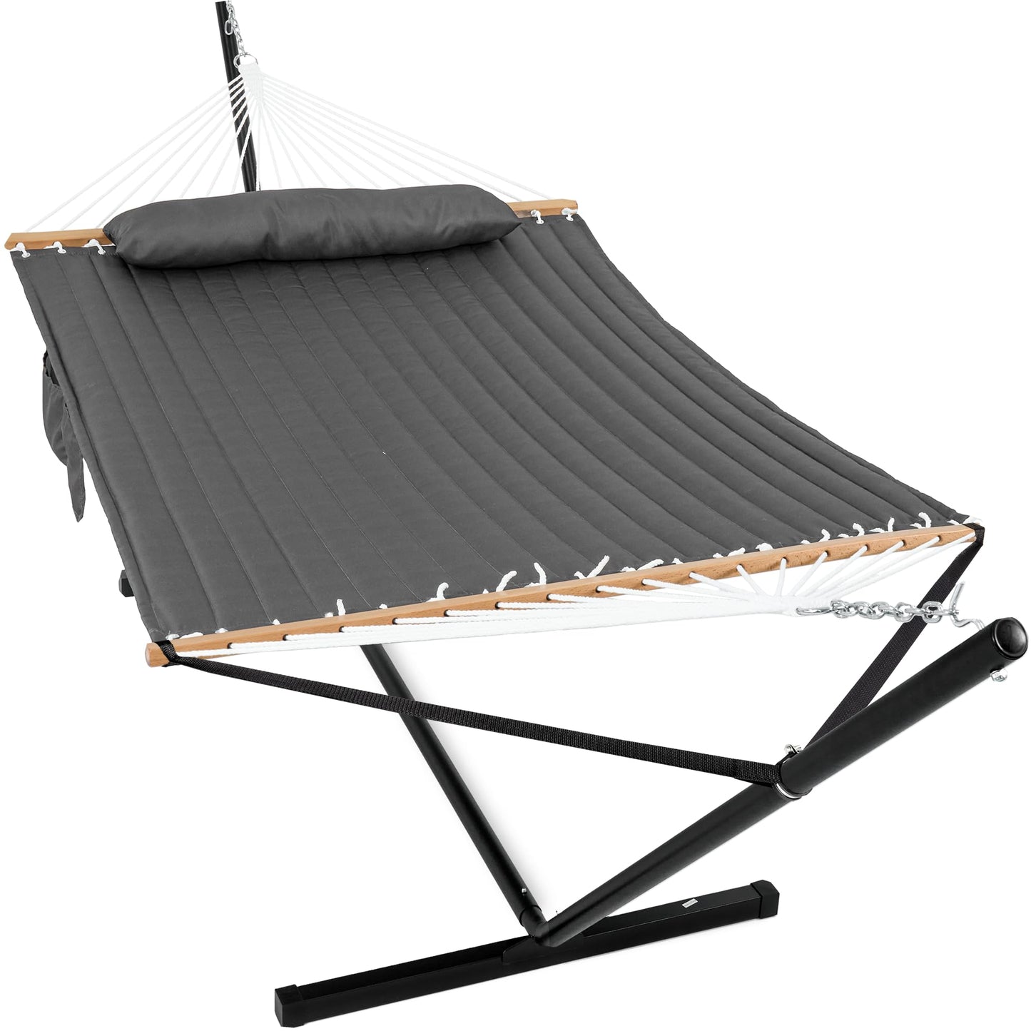 GAFETE 2 Person Hammock with Stand for Outside, Heavy Duty Steel Stand, 55inch Double Hammocks, Large Removable Pillow, Storage Bags, Max 475 lbs Capacity (Haze Gray)