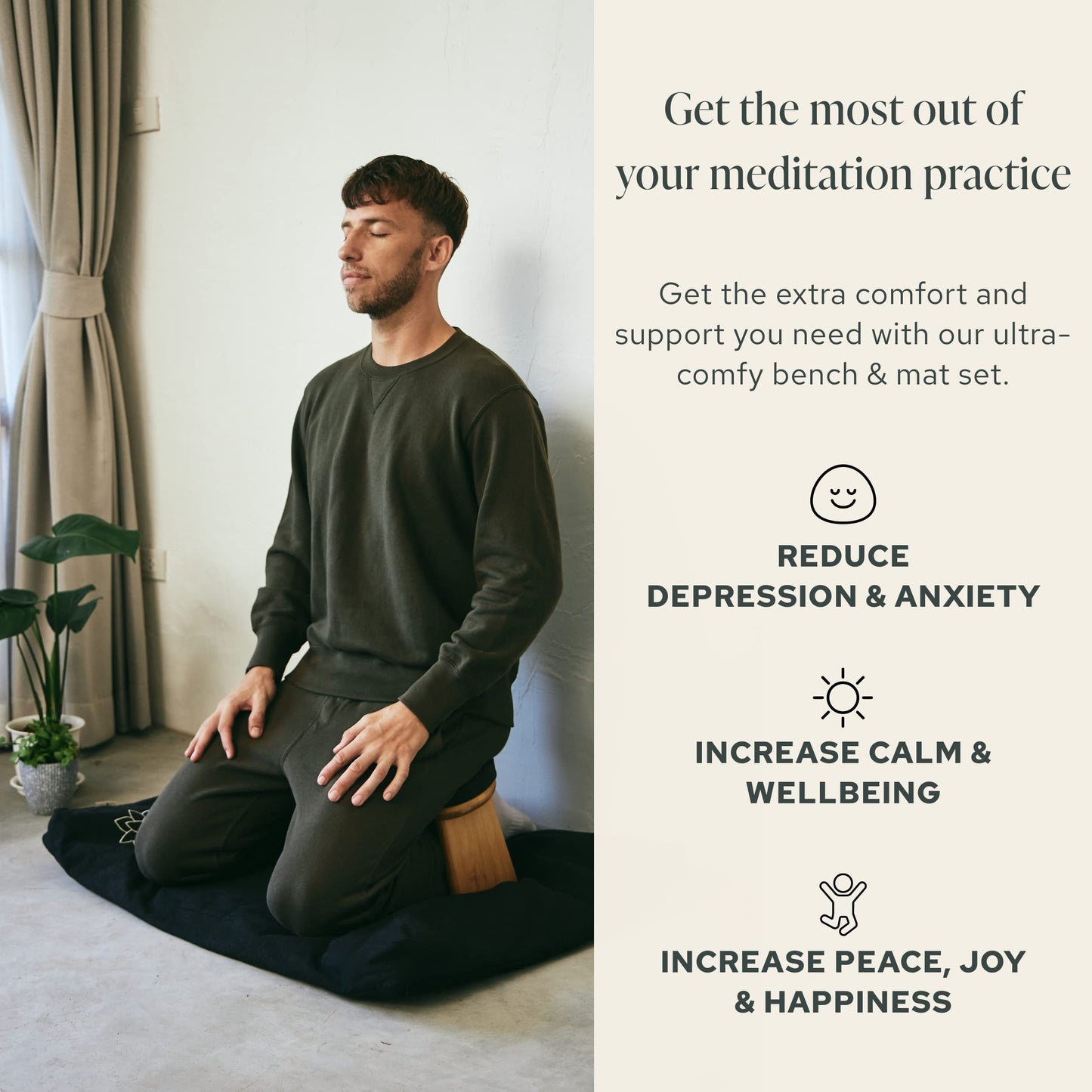 Mindful Modern Bamboo Bench and Zabuton Meditation Mat Bundle - Small Kneeling Meditation Bench with Locking Magnetic Hinges - Wooden Kneeling Ergonomic Bamboo Seiza and Mat for Meditation
