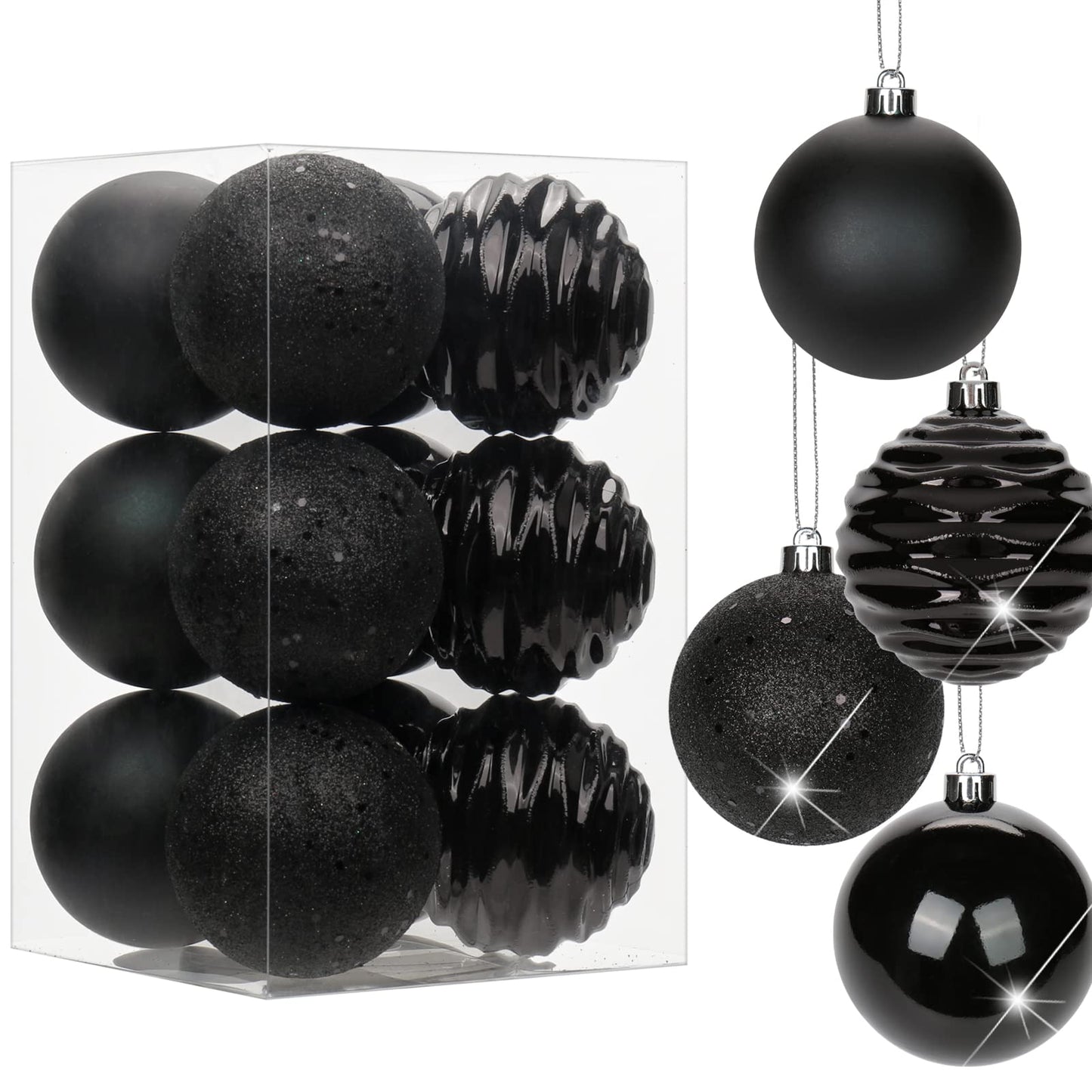 3.15" Christmas Ball Ornaments Black 12 Pcs Shatterproof Christmas Tree Decorations Xmas Tree Medium Christmas Ornaments Balls with Hanging Loop for Halloween Wedding Holiday Party Wreath Home Decor