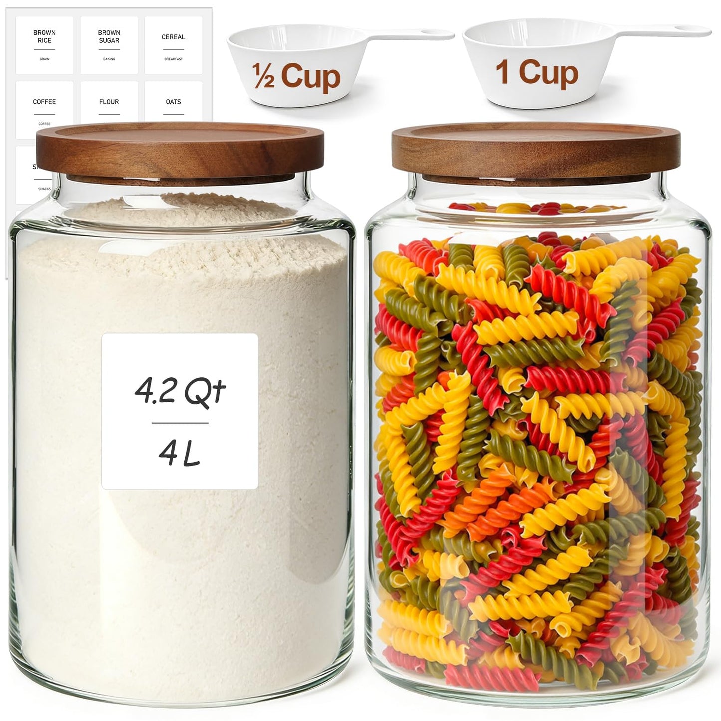 ComSaf 2Pcs (4.2Qt) Wide-Mouth Flour Sugar Storage Containers - Include Scoops & Labels, Easy to Scoop & Airtight, Large Glass Jar for Bakers to Store Bulk Flour, Rice, and Dry Goods in Kitchen Pantry