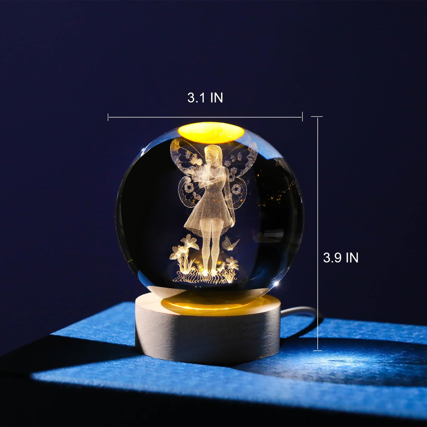 Arikyrist 3D Crystal Ball Lamp with Fairy Figurine and Wooden Base, Laser Engraved Crystal Sphere Night Light and Home Decor Gift