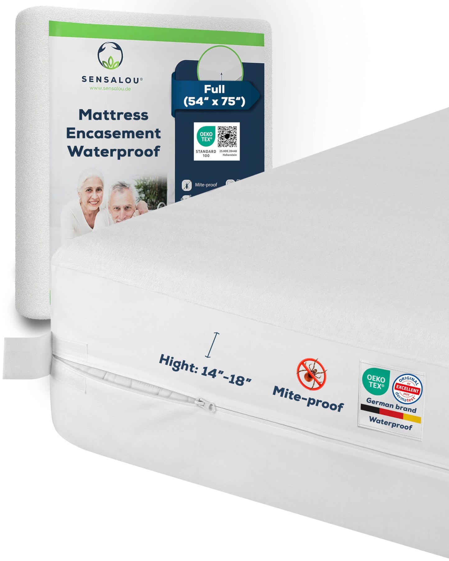 Sensalou Mattress Encasement Waterproof Full – 5-Sided Terry Cover for Guest Rooms, Zipper Closure - Noiseless & Soft, White - Oeko-Tex & Dermatest Certified, Fits 18" Deep