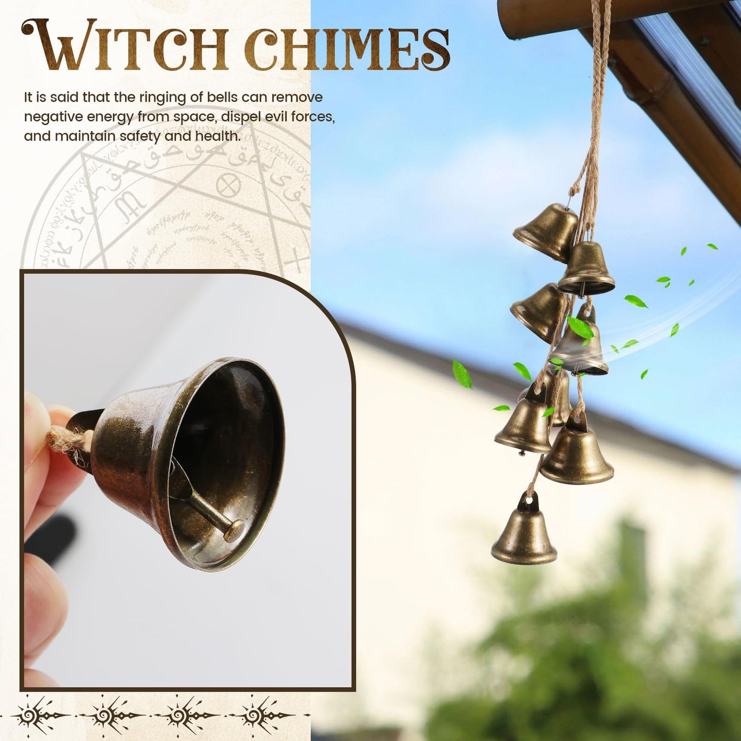 2 Pack Witch Bells Protection for Door Knob Outdoor Bells Hanging Wind Chimes Witchy Things Clear Negative Energy Witch Bells Set Wiccan Bell Witchy Gifts(Classic)
