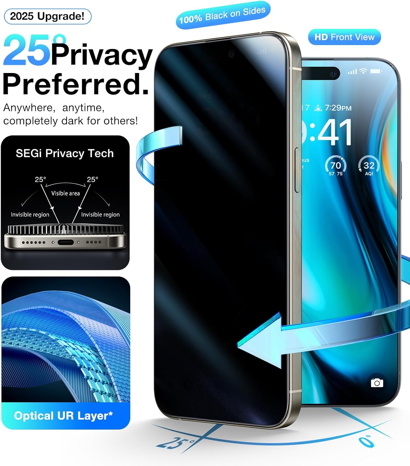 UltraGlass 9H+ Glass for iPhone 16 Pro Privacy Screen Protector [No.1 Military Grade Shatterproof & 100% Anti Spy] Privacy Screen iPhone 16 Pro Tempered Glass [Longest Durable] 2 Pack