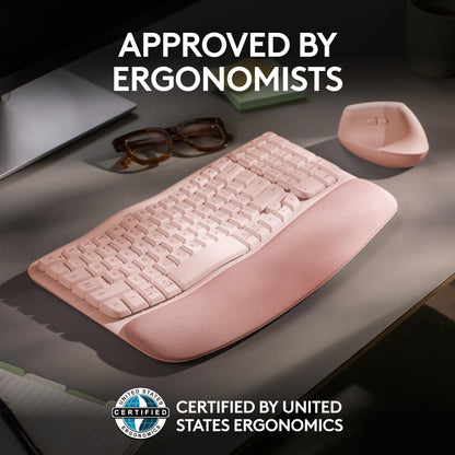 Logitech Wave Keys Wireless Ergonomic Keyboard with Cushioned Palm Rest, Comfortable Natural Typing, Easy-Switch, Bluetooth, Logi Bolt Receiver, for Multi-OS, Windows/Mac - Rose