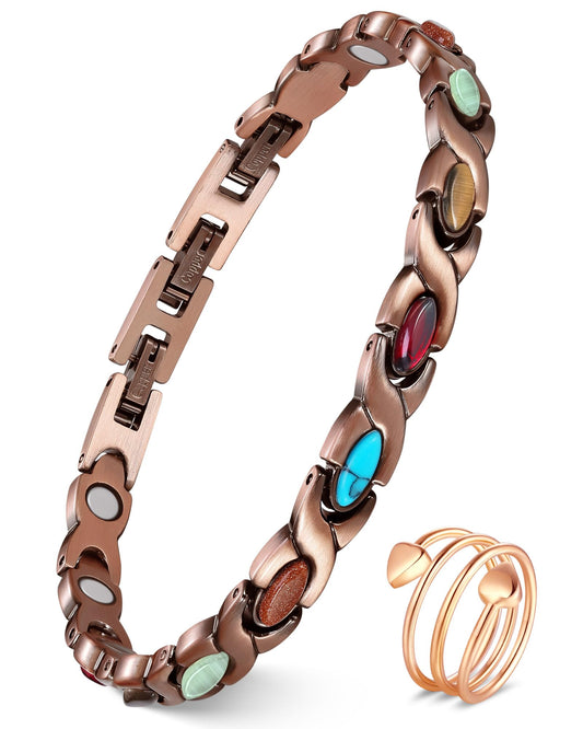 Feraco Pure Copper Bracelets & Ring for Women, Ultra Strength Magnetic Therapy Bracelet with 3800 Gauss Magnets, Natural Turquoise & Stones, Adjustable, Infinite Jewelry