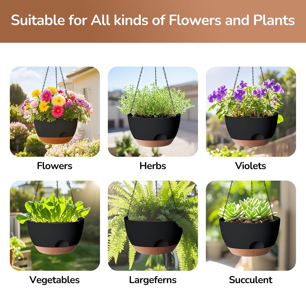 LESOASIS Hanging Planter for Indoor Plants, 10 Inch Self-Watering Hanging Planters with Drainage Holes and Chain, Set of 2 Outdoor Hanging Pots for Garden Home