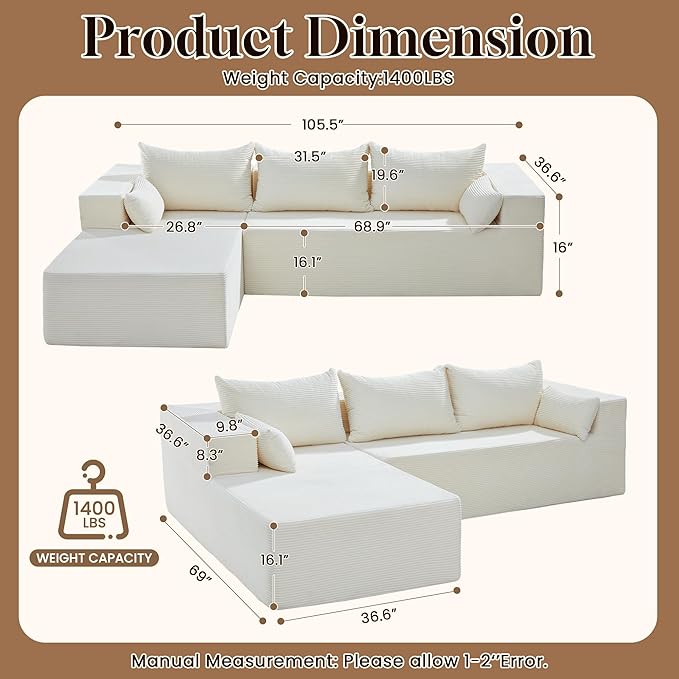 106" Cloud Sectional Boneless Couches