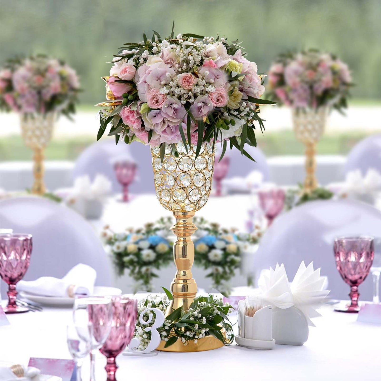 Kehail 6pcs Elegant Crystal Trumpet Metal Centerpiece Vases, Wedding Table Decoration Flower Stand Tulip Shape Decor Artificial Flower Arrangement Vase for Wedding Restaurant Vase Home Decor (Gold)