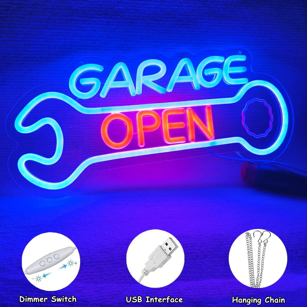 Garage Open Neon Sign,Dad's Workshop LED Neon Light for Auto Repair Shop Man Cave Garage Father Birthday Christmas Decor Gifts