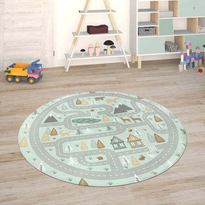Paco Home Kids Rug Children's Room Play Mat Baby Mat Car, Size:80 cm round, Colour:Turquoise