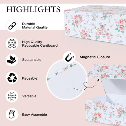 LFBOX Rose Floral Gift Box with Magnetic Lids 13.8x8.3x4.4 in, Large Bridesmaid Proposal Boxes, Rectangle Wedding Decorative Storage Box 3 Pack
