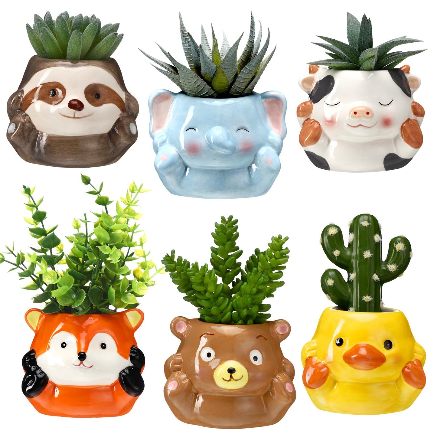 6 Pcs 3 Inch Cute Animal Succulent Pot Small Animal Ceramic Planter with Drainage Hole Office Desk Cartoon Ceramic Succulent Planters Garden Pots for Mini Plant Cactus Flower Women Gift Home Decor