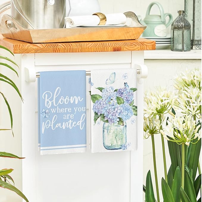 Artoid Mode Blue Hydrangea Motto Spring Kitchen Towels Dish Towels, 18x26 Inch