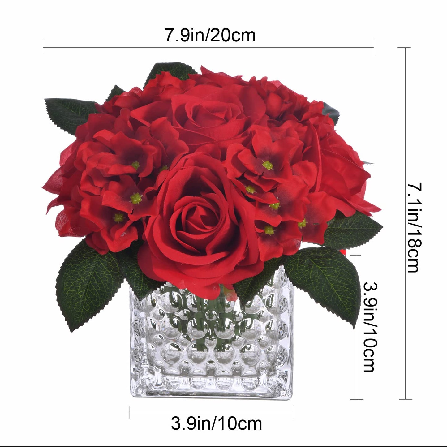 Fule Artificial Silk Rose Flower Centerpiece Arrangement in Glass Vase with LED Light for Home Wedding Decoration (Red)