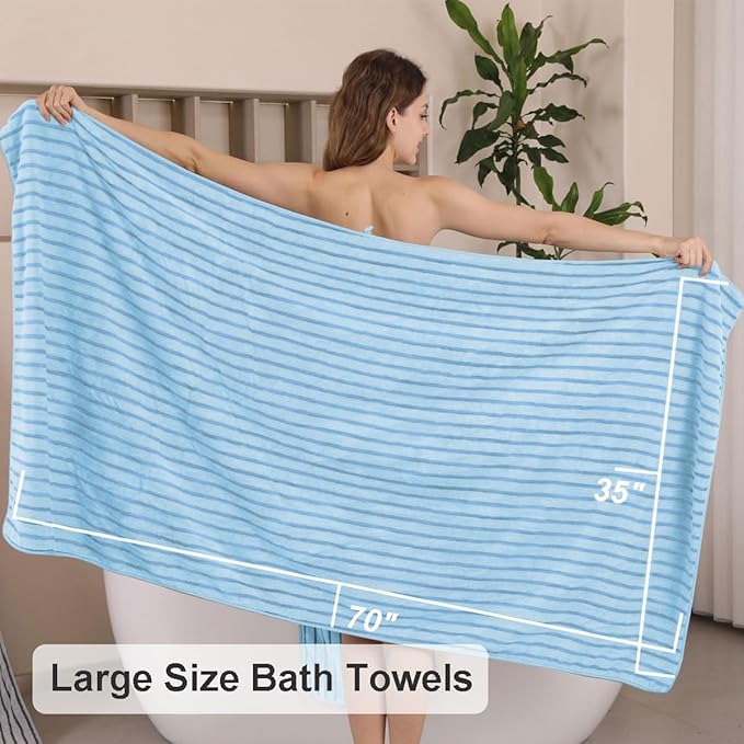 4 Piece Blue Cabana Stripe Large Bath Towels 35"x70" Oversized Bath Sheet Super