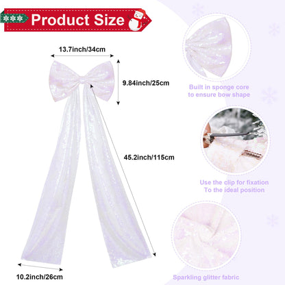 PartyDelight Large Christmas Tree Topper Bow White Iridescent Sequin 16x47 Inchs Big Decorations Bow for Window Wall Home Room Party Xmas Decoration
