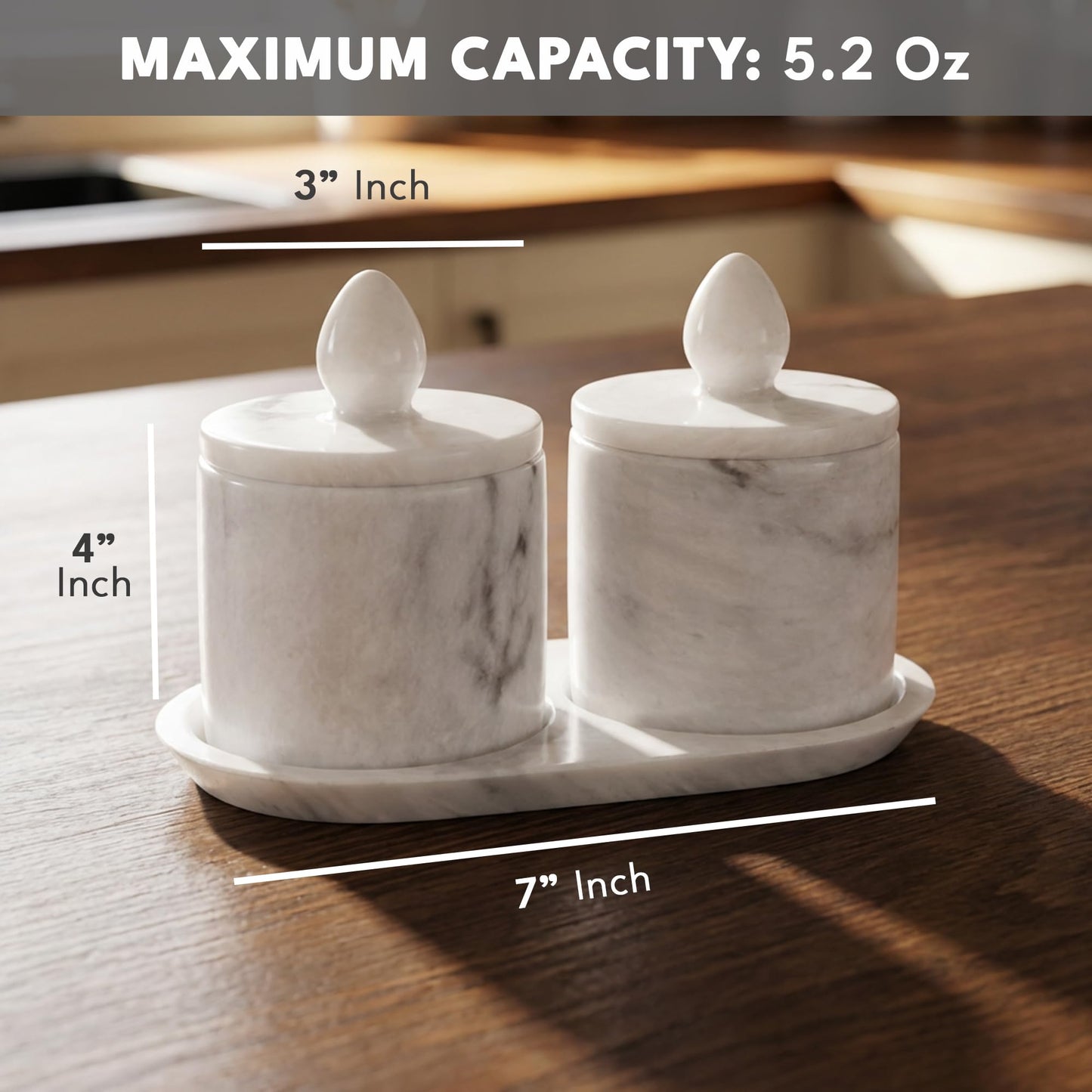 Marble Salt Cellar with Lid and tray 4 Inch White Handmade Salt Container, Set of 2 Seasoning Jars, Spice Storage Containers for Kitchen Countertop, Sugar Bowl