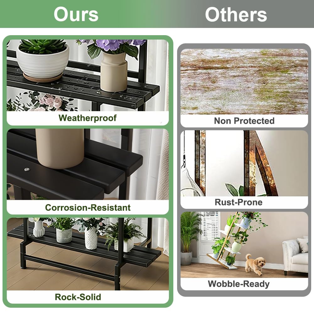 YOBAZAN 3-Tier Metal Plant Stand with Hanging Shelf – Heavy Duty, Waterproof Indoor & Outdoor Flower Rack for Multiple Pots, Balcony, Garden, Living Room – Black