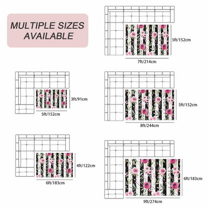 Outdoor Patio Rugs Pink Flowers Illustration Outdoor Area Rug Black and White Stripe Non-Slip Backyard/Camping RV Rug/Deck/Porch Rug Front Door Floor Mat Carpet,5x8ft,