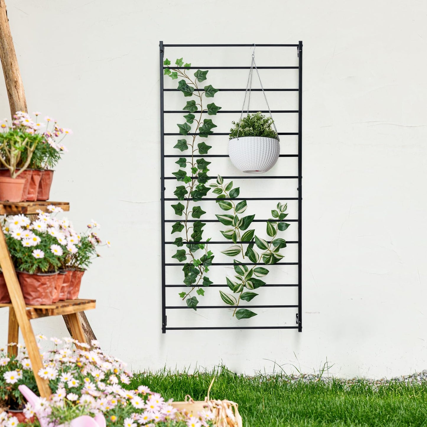 MyGift Wall Mounted Metal Garden Trellis for Climbing Plants Vines & Ivy, Matte Black Outdoor Panel with 14 Support Bars Outdoor Hanging Support Frame – No Assembly Required