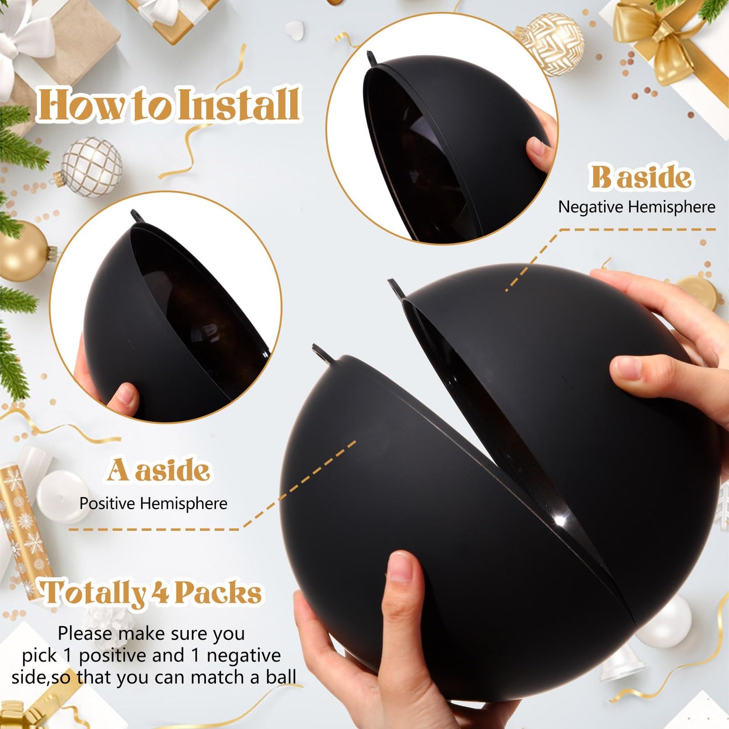 Zubebe 2 Pcs 8" Giant Fillable Christmas Ornaments with Ribbons Oversized Plastic Xmas Balls for Outdoor Lawn Yard Decor, Tree Hanging, Holiday Gifts(Matte Black, Shiny Black)