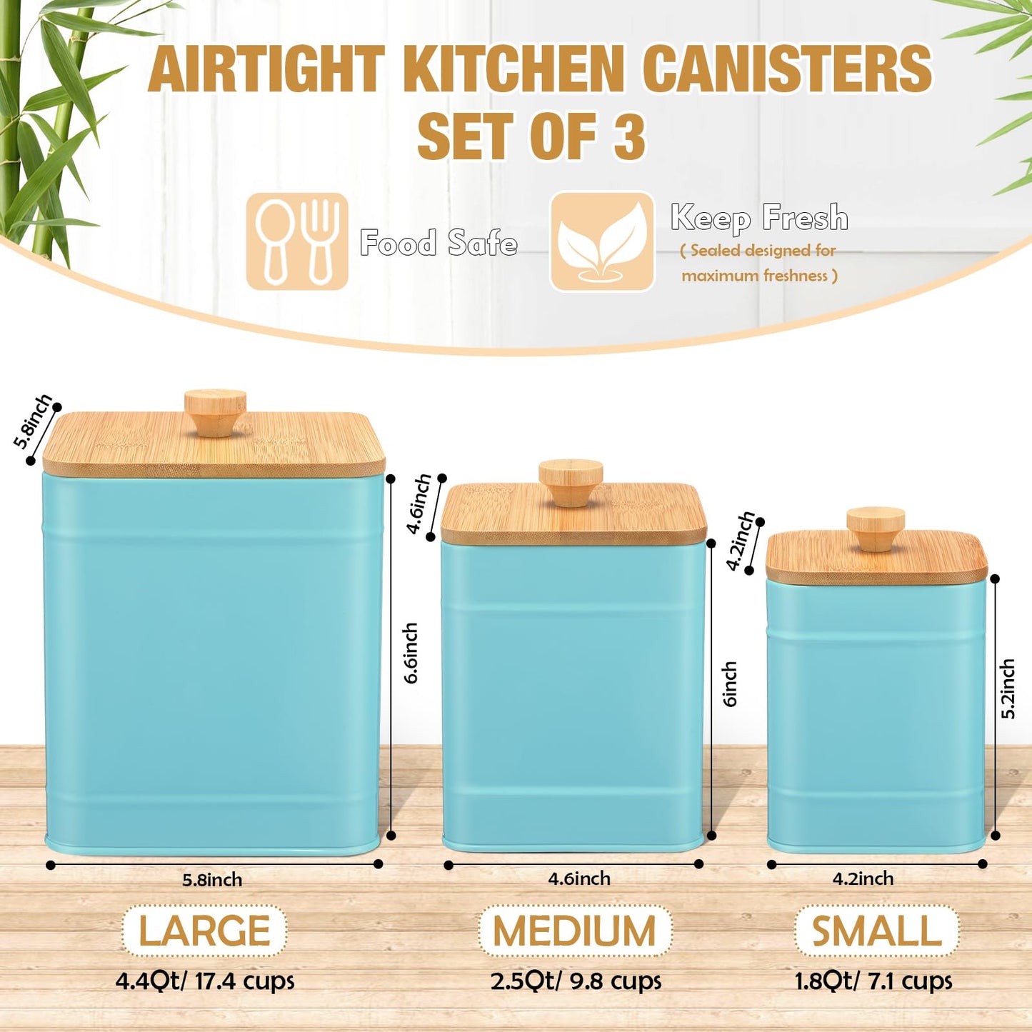 Tioncy Kitchen Canisters for Countertop Set of 3 Metal Canisters Sets with Bamboo Lids Spoon Airtight High Capacity Coffee Tea Sugar Flour Jars with DIY Labels Farmhouse Food Storage(Turquoise,L,M,S)