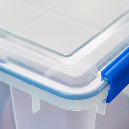 IRIS USA WeatherPro 74 Qt Storage Bins with Lids, 3 Pack, BPA-Free Plastic Gasket Box with Tight Latch and Seal, Stackable Nestable Tote Tub - Clear/Blue