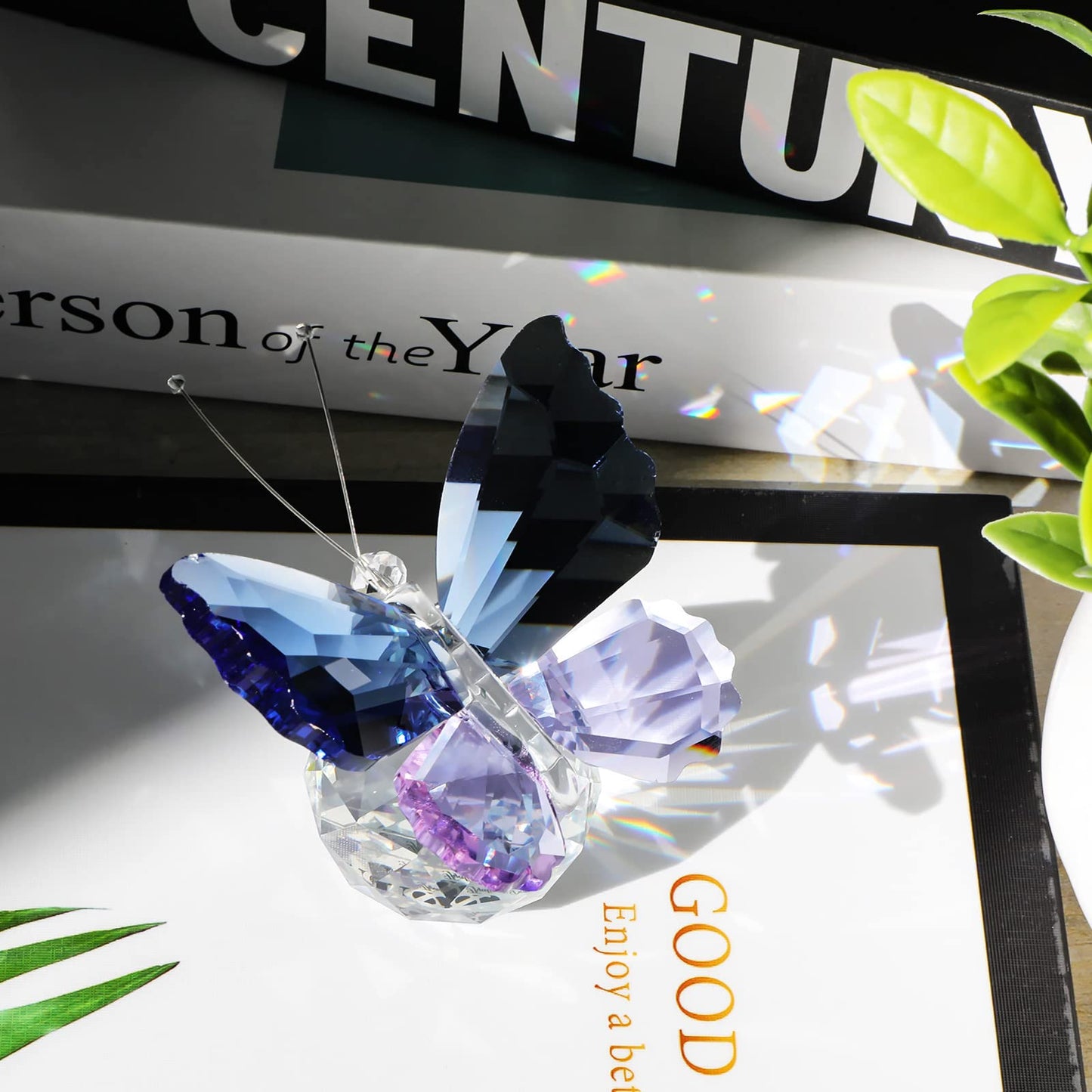 LONGSHENG - SINCE 2001 - Crystal Butterfly Figurine with Ball Base Glass Blue Purple Butterfly Crystal Collectible Paperweight Table Decor for Wedding Festival