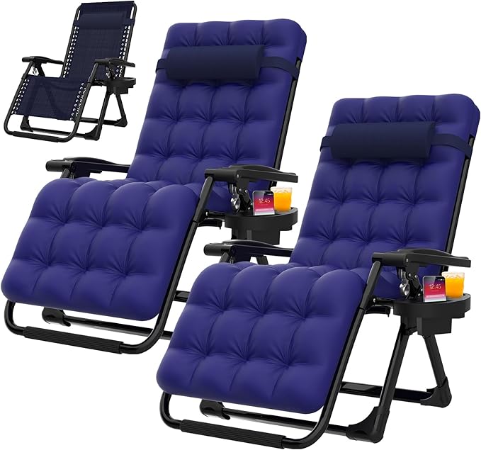 Suteck Zero Gravity Chair Set of 2, Reclining Camping Lounge Chair w/Removable Cushion, Upgraded Lock and Cup Holder, Reclining Patio Chairs Folding Recliner for Indoor and Outdoor