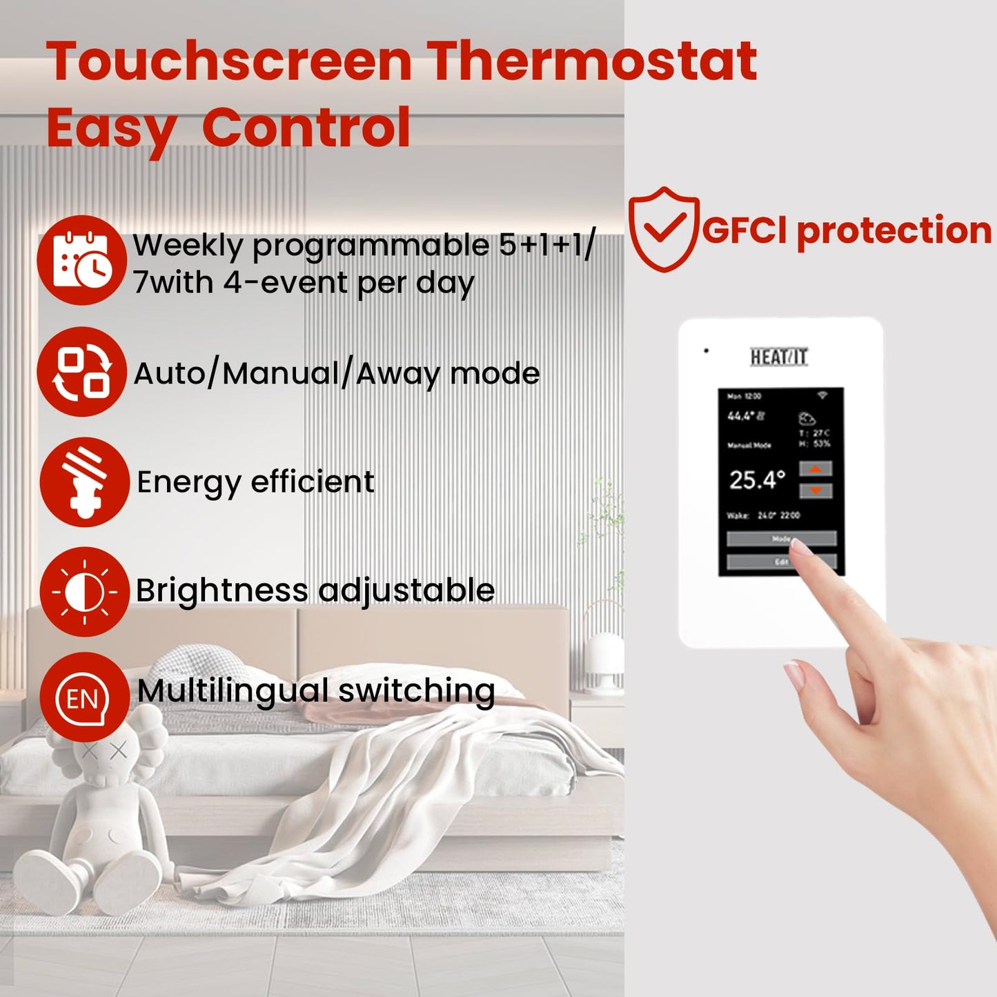 10 sqft HEATIT Warmmat Electric Radiant Self-Adhesive Floor Heat Heating System & ET-7A Thermostat & Alarm Monitor