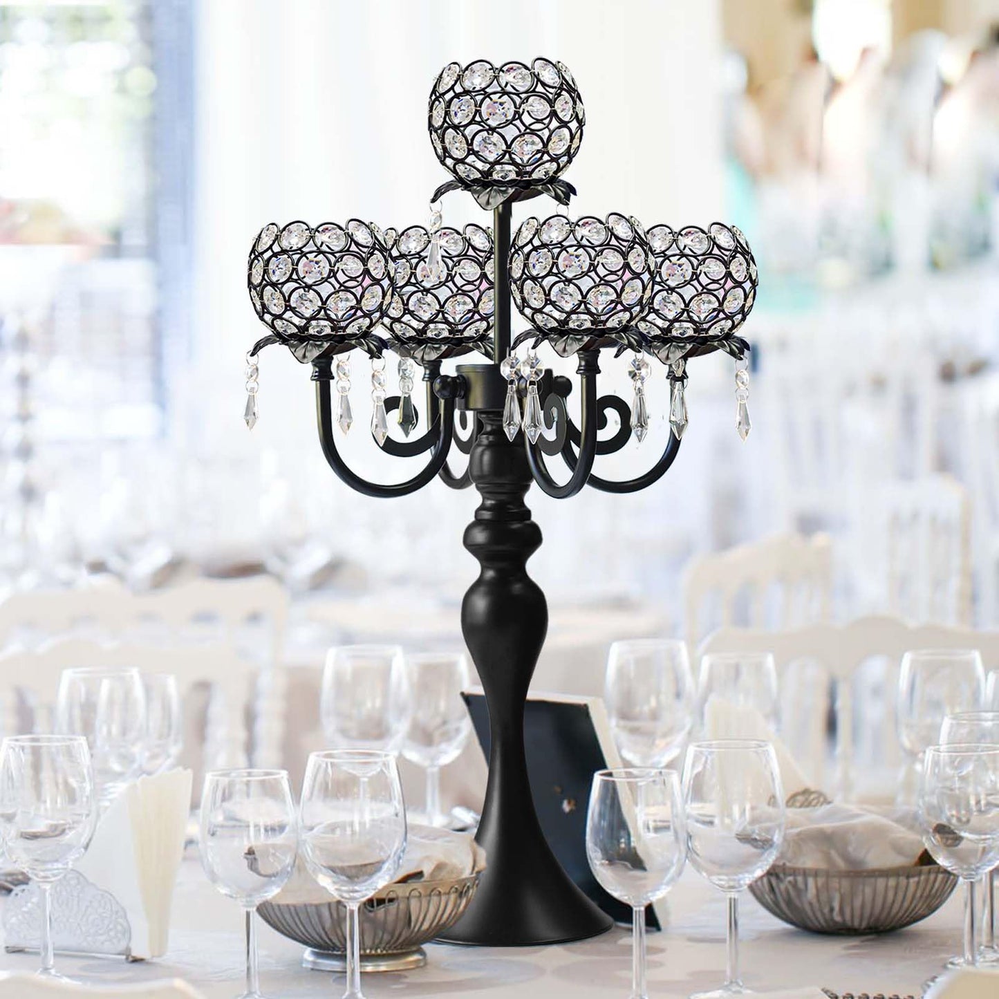 5 Arm Elegant Crystal Candle Holder,Candlestick for Wedding Table Centerpiece, 22 Inch Tall Candle Holder Table Candelabra Event Party Table Centerpiece,Home Decoration. (4, Black, Round Crystal)