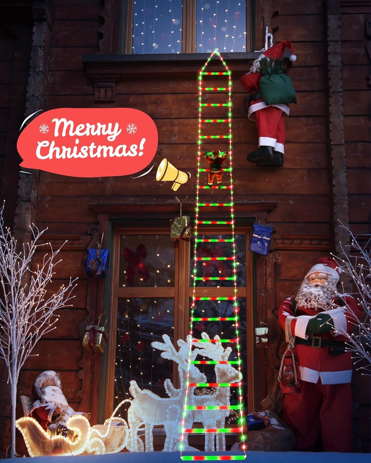 Christmas Decorations LED Ladder Lights with Climbing Santa Claus, 10ft Outdoor Christmas Decorative Light - 8 Modes Xmas Lights Tree for Home Holiday Wall Window Xmas Decor (Red & Green)