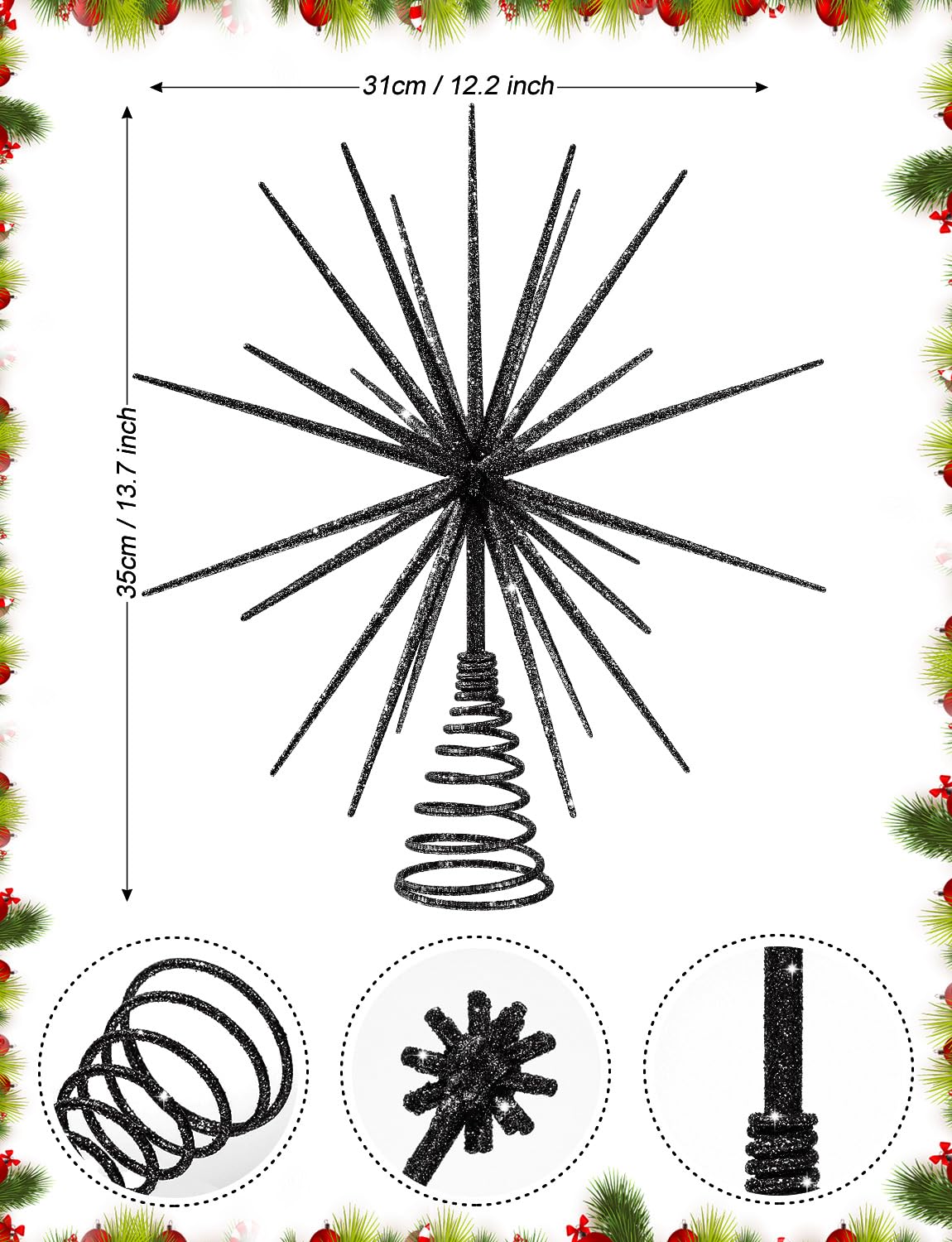 13.7 Inch Black Christmas Tree Topper - 3D Burst Black Tree Topper, Exploding Star Christmas Tree New Year Holiday Tree Decoration