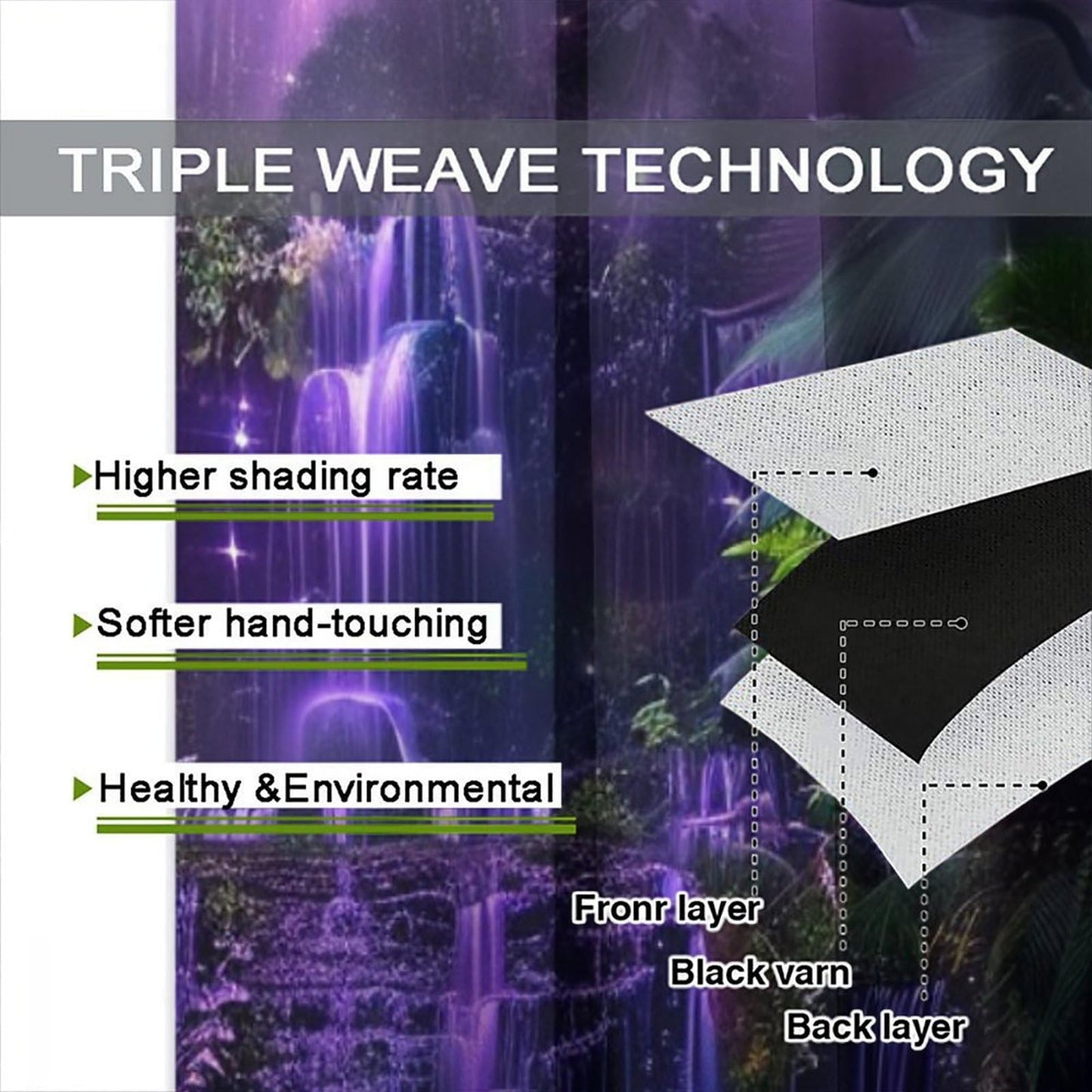 HZOHNAGO Enchanted Forest Curtains Fantasy Nature Purple Fireflies Waterfall Pattern Blackout Print Rod Pocket Window Drapes for Bedroom Living Room 42x63in