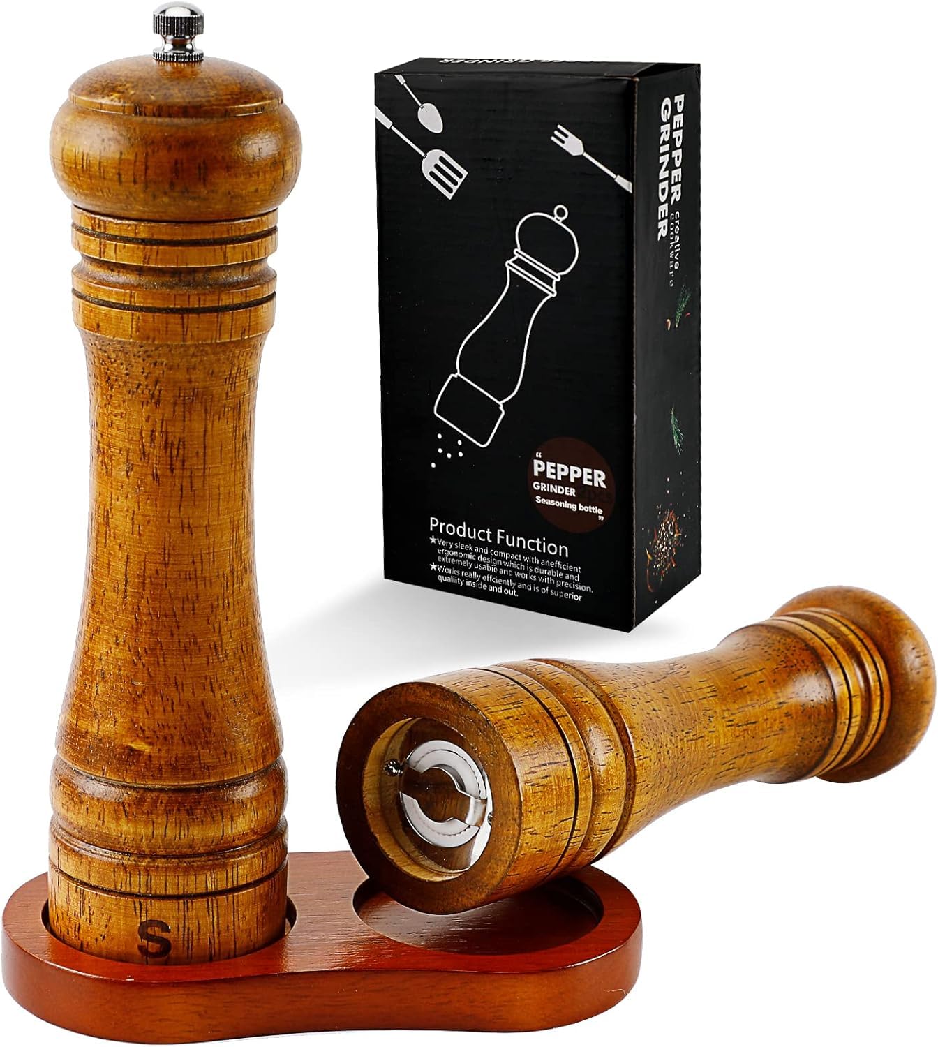 BIVIPO Salt and Pepper Grinder Set, 8 Inch Oak Wood Mills, Adjustable Coarseness, Manual Twist, 2-Pack with Tray, Wood Pepper Grinder And Salt Mill,Easy to clean