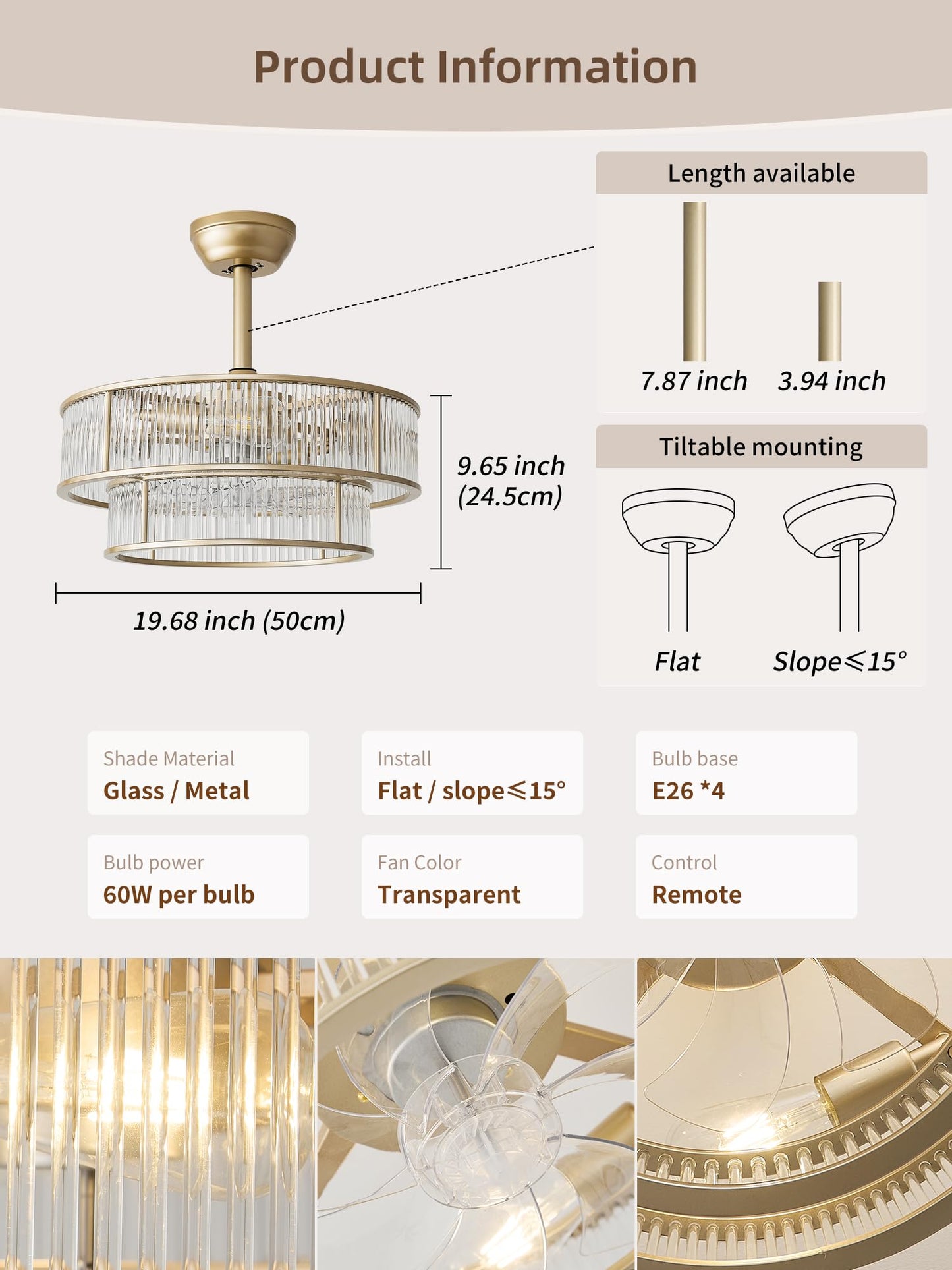 YADZSLY Gold Fandelier Ceiling Fans with Lights, 20" Gold Crystal Chandelier Ceiling Fan with Light Remote Control, Caged Mid Century with 6 Speeds for Bedroom, Living Room, Nursery