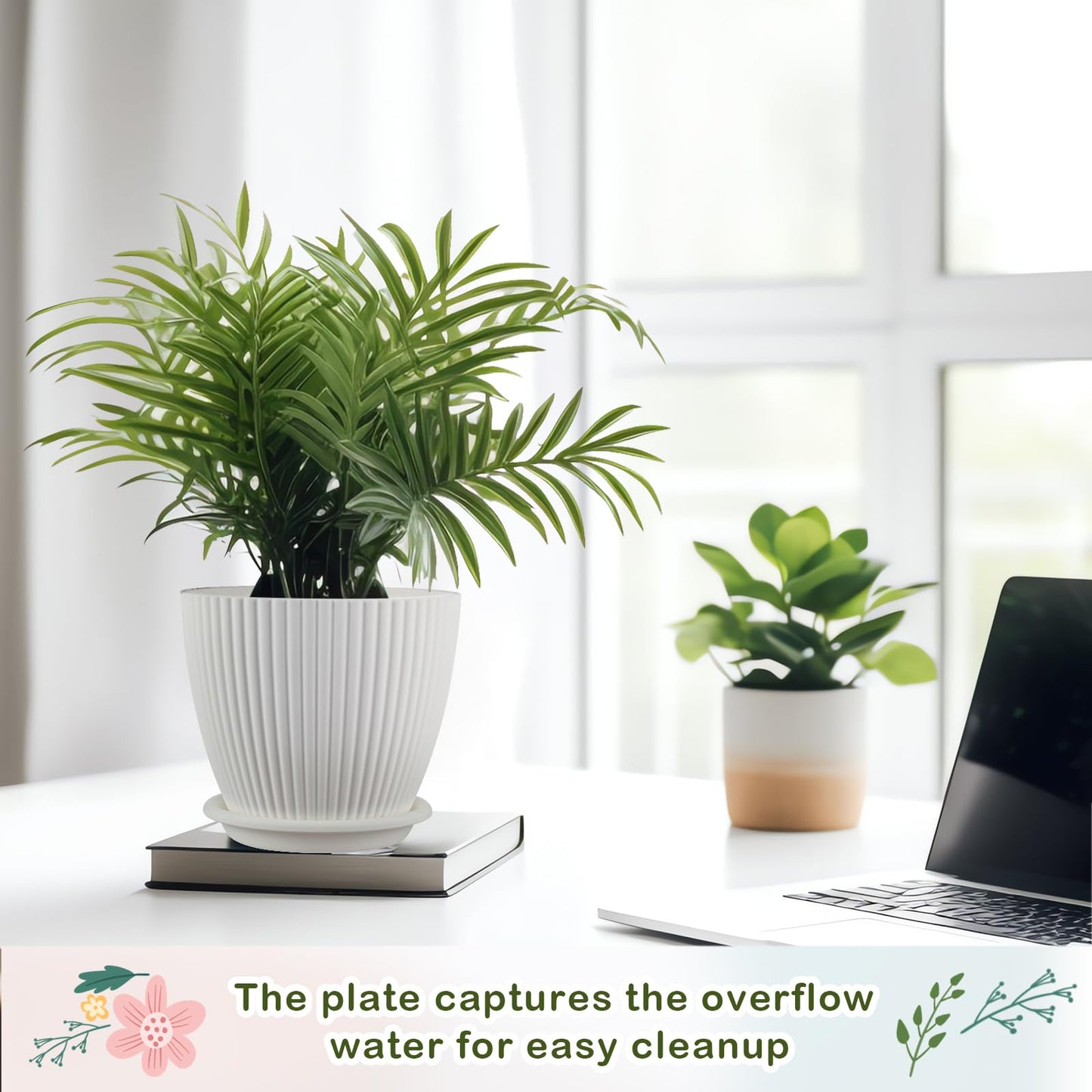 Suclain 10 Pack 6 Inch Plant Pots with Drainage Hole and Tray Saucer Plastic Flower Pots for Indoor Plants for Your Room, Office, Garden Decor(Vertical Stripe)