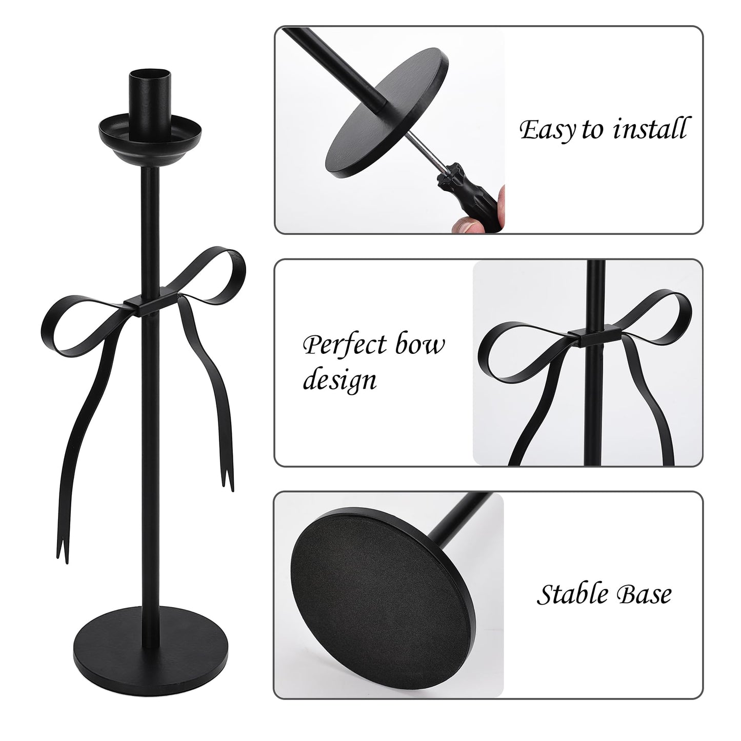 Black Taper Candlestick Holders,Set of 2 Bow Candle Stick Holders,Metal Modern Candle Stands Decorative for Dining Table Centerpiece,Wedding Decor