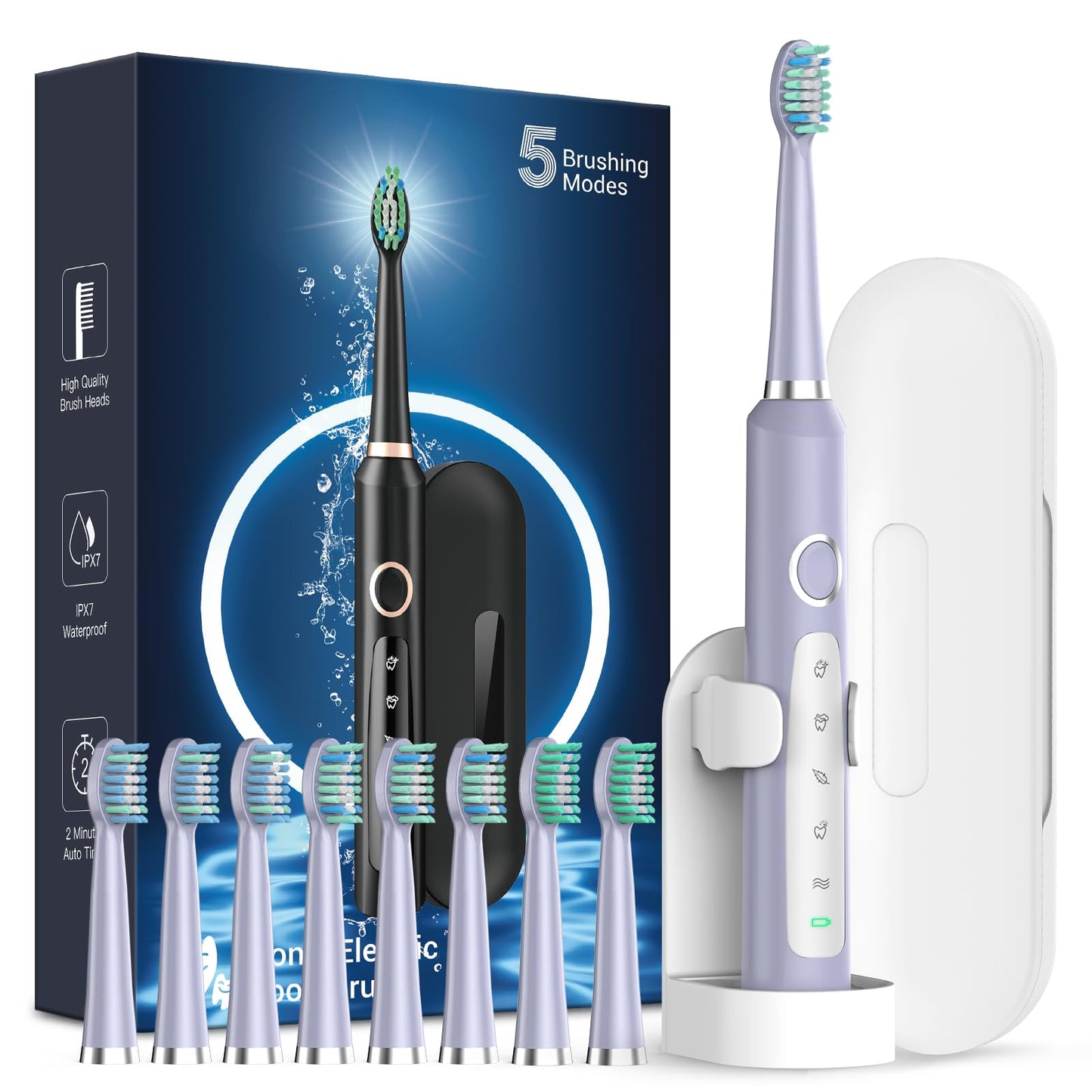 Rtauys M5 Sonic Electric Toothbrush for Adults and Kids - Rechargeable Electric Toothbrush Kids Ages 12+ and Adults with 8 Brush Heads & Travel Case, 120 Days Battery Life - Pink