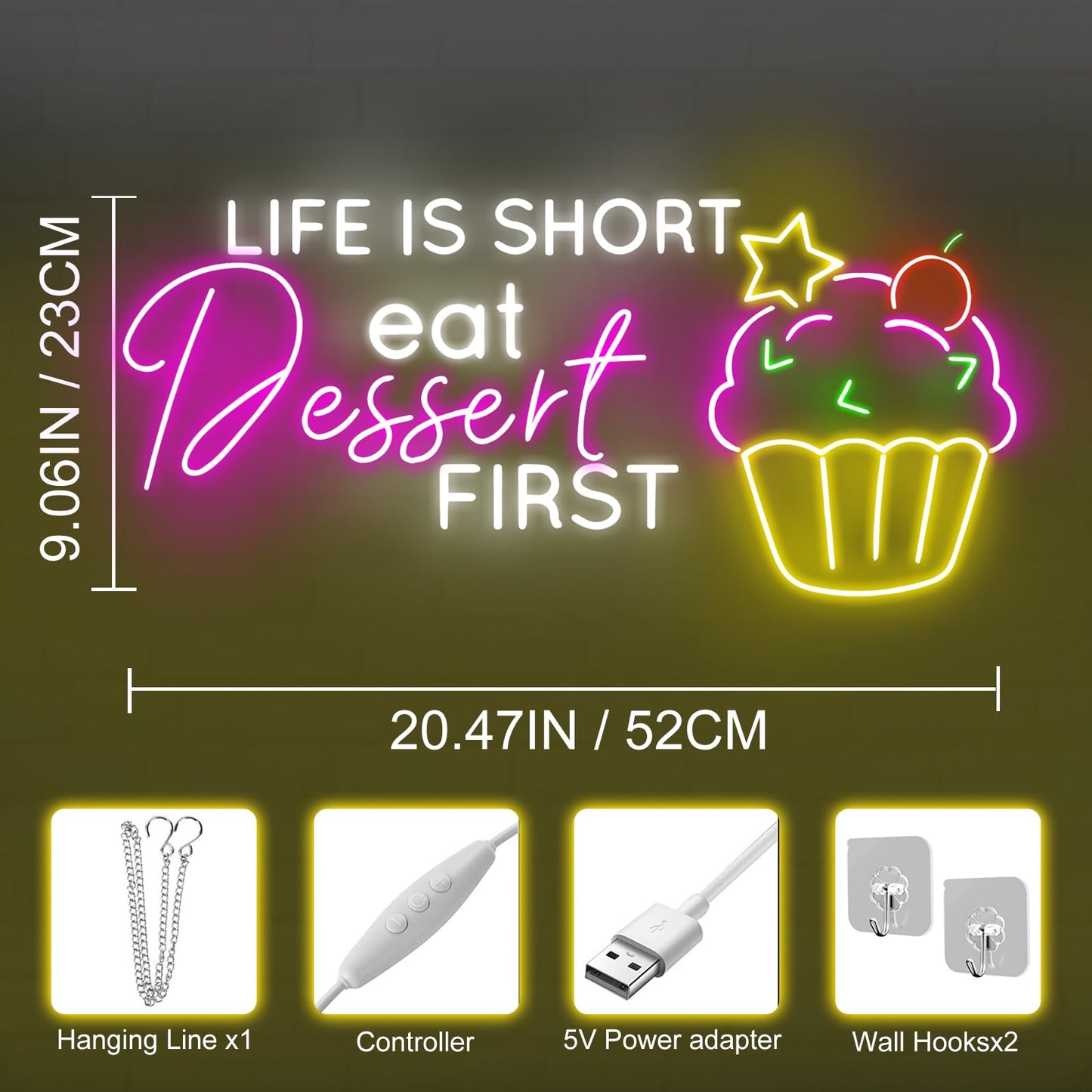 Life Is Short Eat Dessert First Neon Sign, Dessert Cake Store Wall Decor, Cupcake Bakery Led Lights, Strawberry Cake, Tea & Cake Shop, Restaurant Gaming Hotel Shop Club Restaurant, Family Party