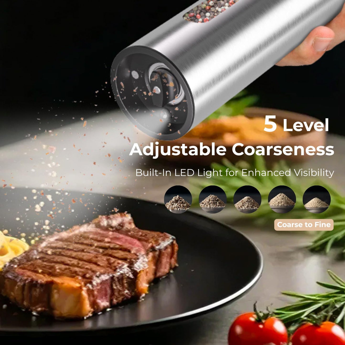 Electric Salt And Pepper Grinder Set, Rechargeable Dual Charging Base, Automatic Refillable Pepper Mills, with 110ml Large Capacity, Adjustable Coarseness & LED Light, Ideal for Kitchen, Outdoor & BBQ